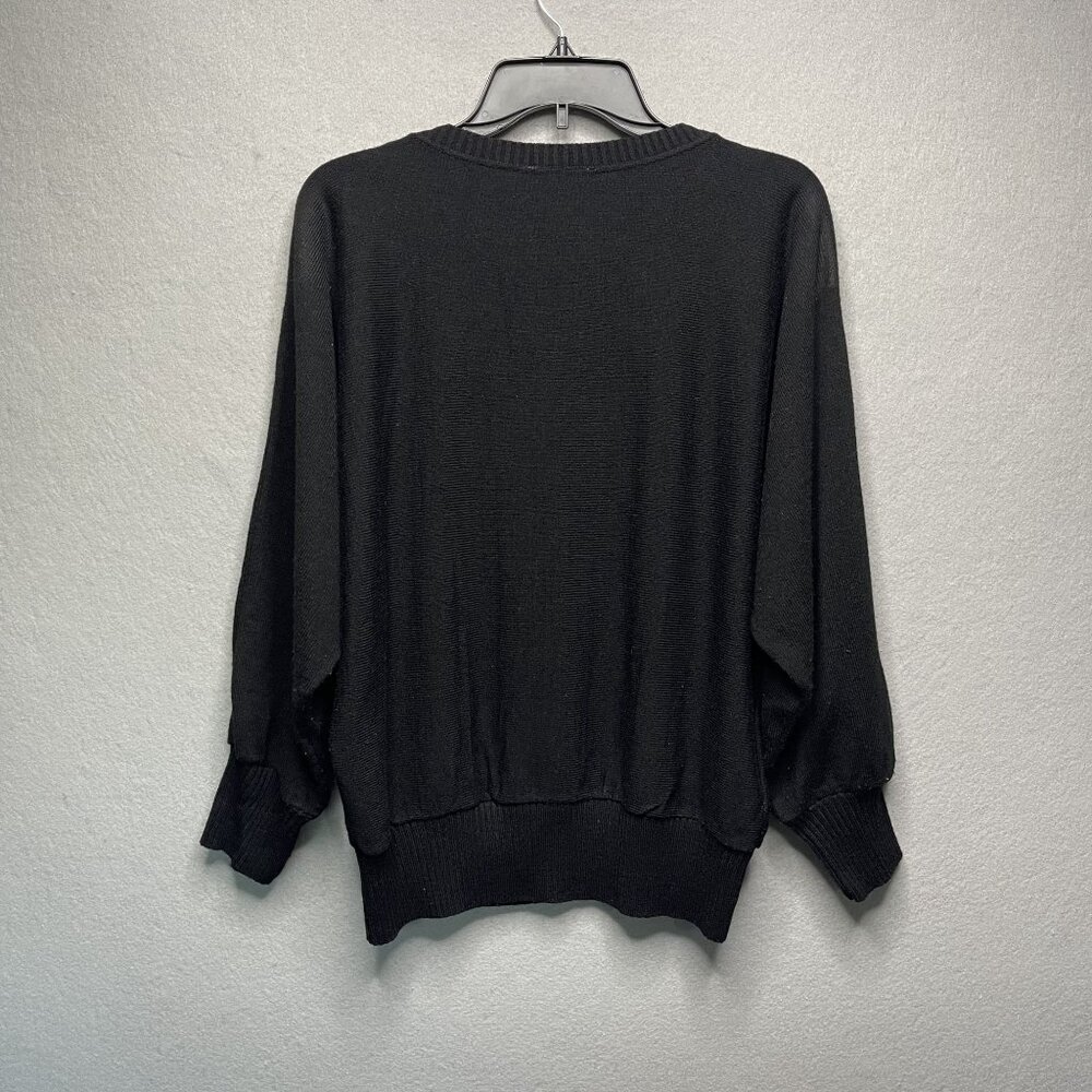 Taji Of Paris Vintage Black Sweater L Bold Embroidered Floral Leaf Lightweight - Picture 5 of 7
